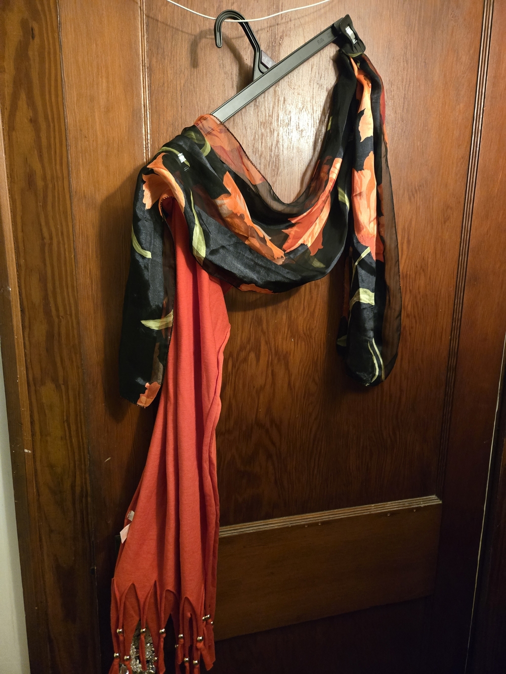 Black Floral Sheer Scarf And A Coral Red Knit Scarf